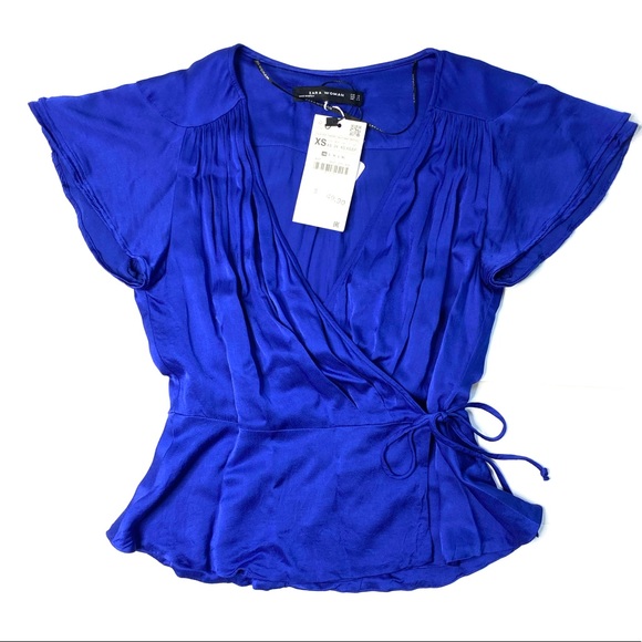 Zara Blue Satin Flutter Sleeve Wrap Top Size XS - Picture 6 of 6